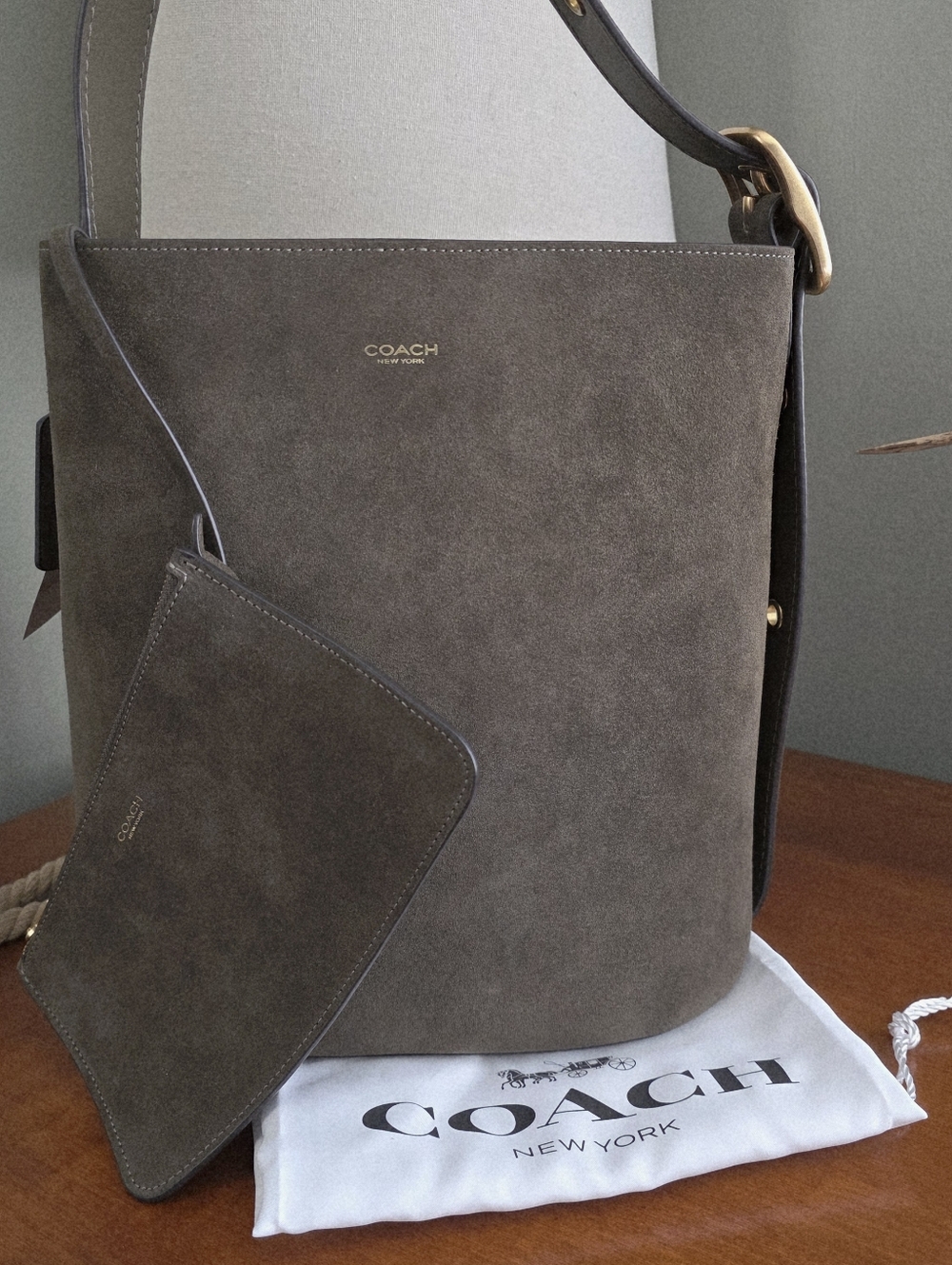 Coach Bleecker CCC24 Olive Suede Leather Bucket Shoulder Bag NWT